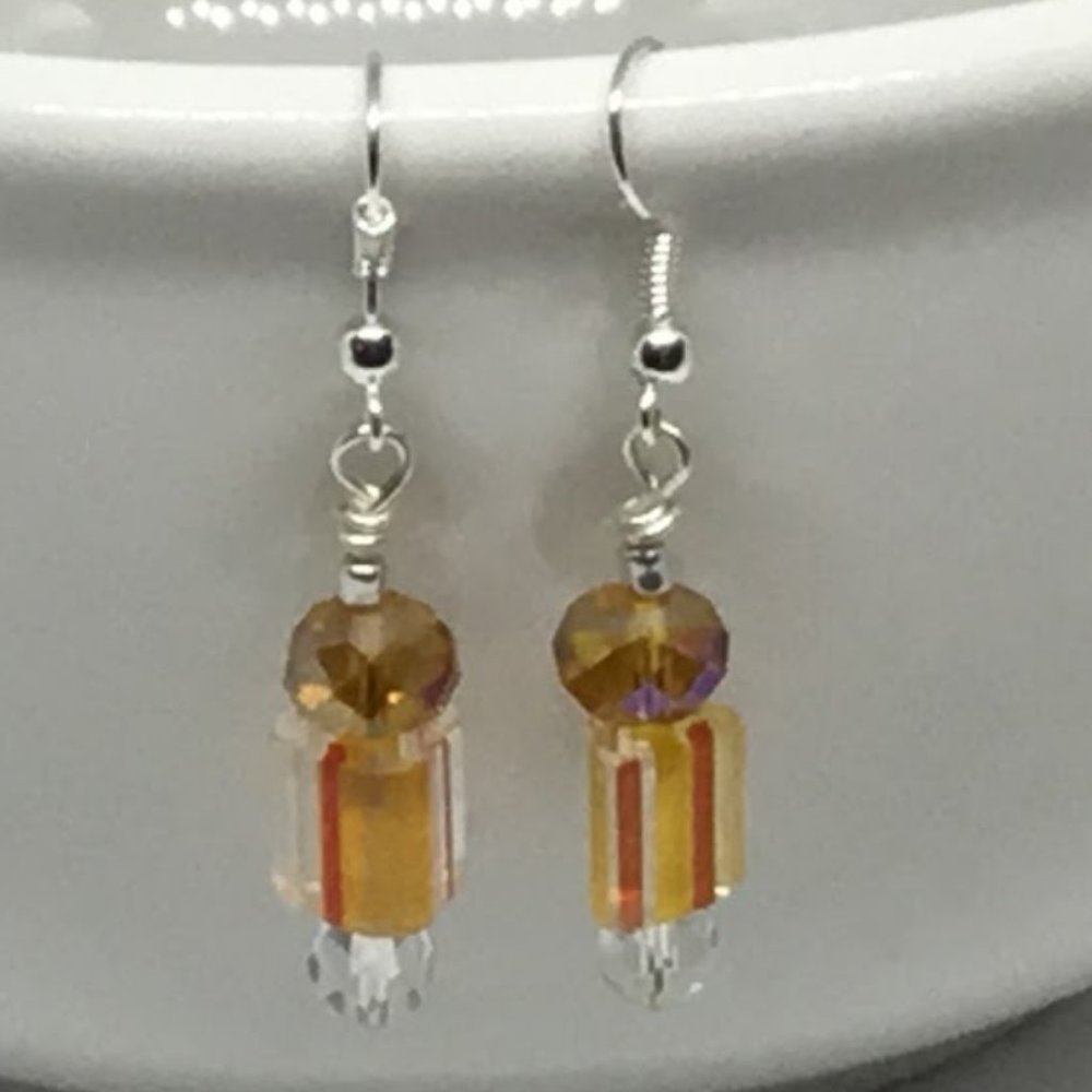 Orange w Gold Acrylic & Crystal Earrings